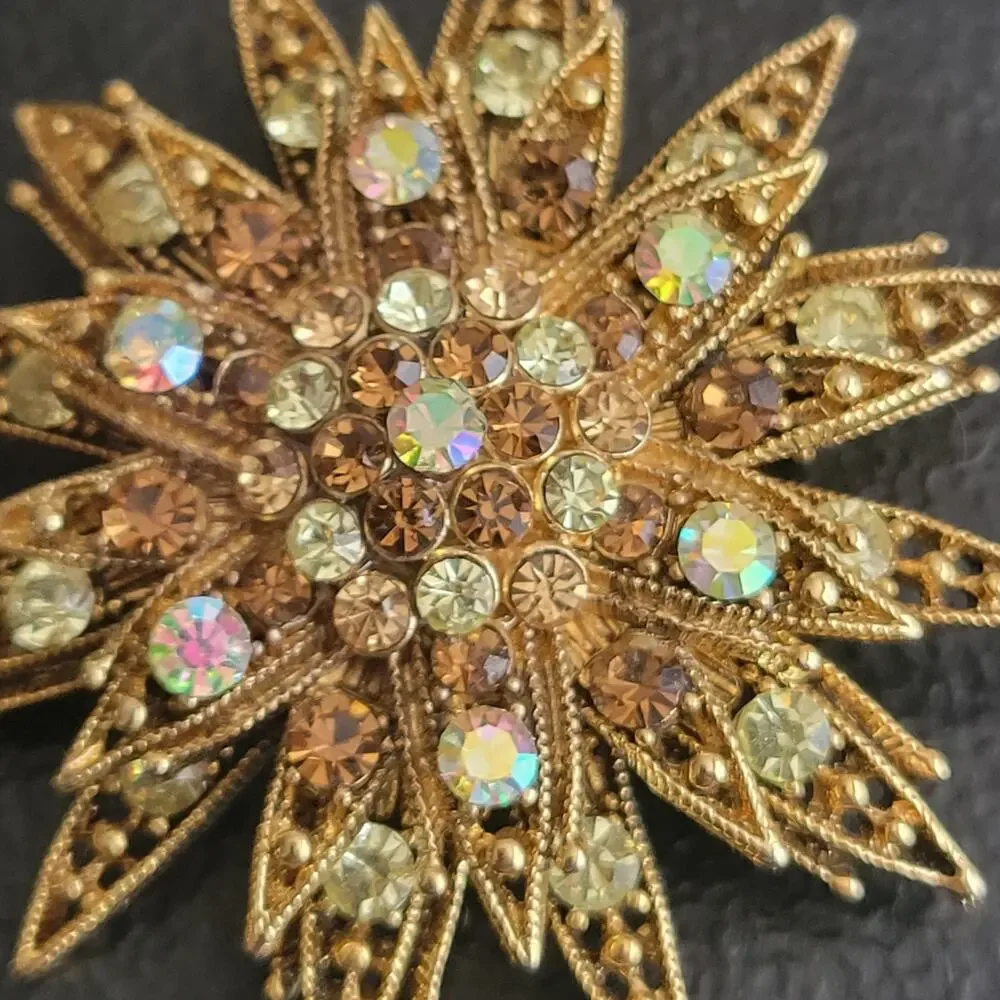 Vintage Starburst Pin Multi Layered AB‎ Rhinestone Sparkles Glamour